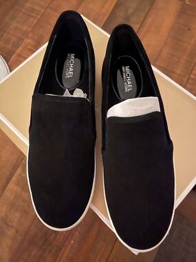 Michael Kors Black Suede Slip-On Loafers with White Sole